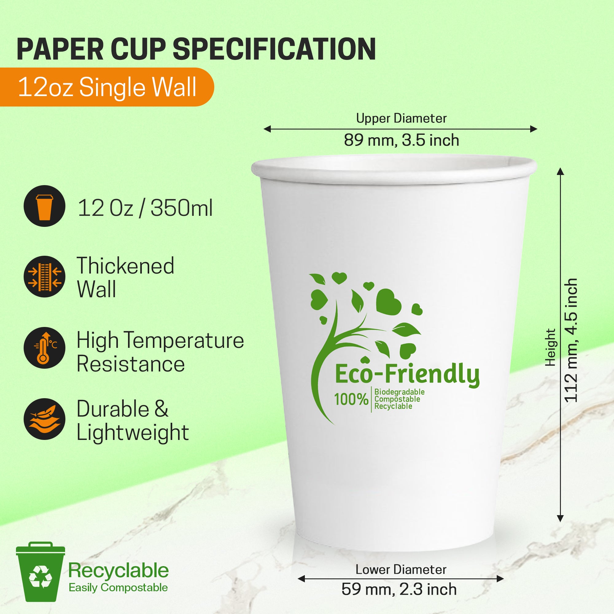 EcoEdge 12 Oz Disposable, Single Wall Paper Cups | 100% Natural