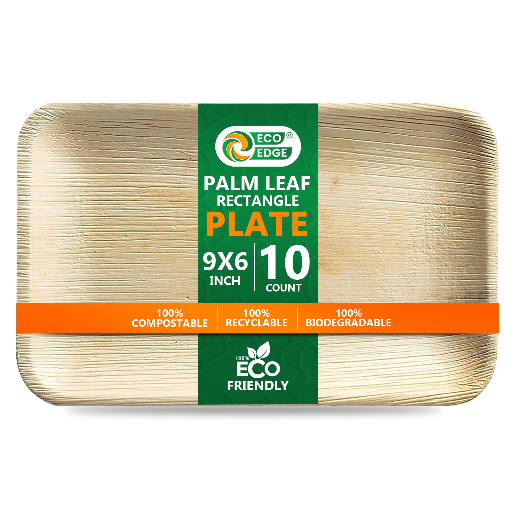 EcoEdge 9x6 Inch Rectangle Areca Palm Leaf Plates | 100% Natural