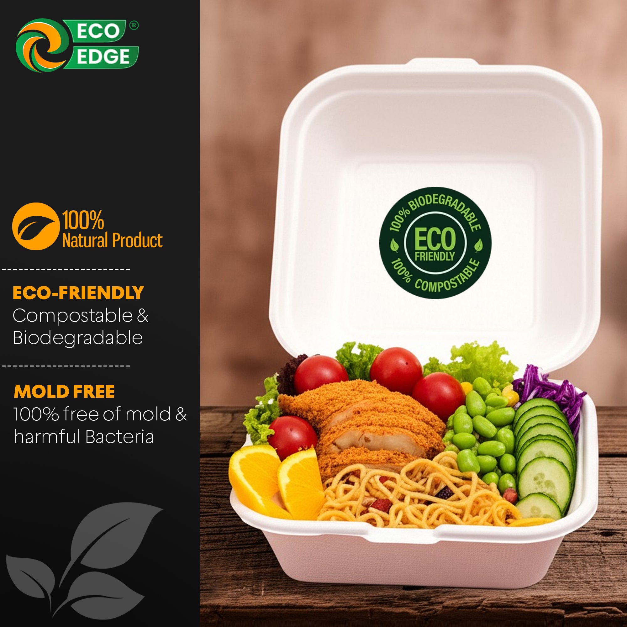 EcoEdge 6 Inch Square White Clamshell | 100% Organic