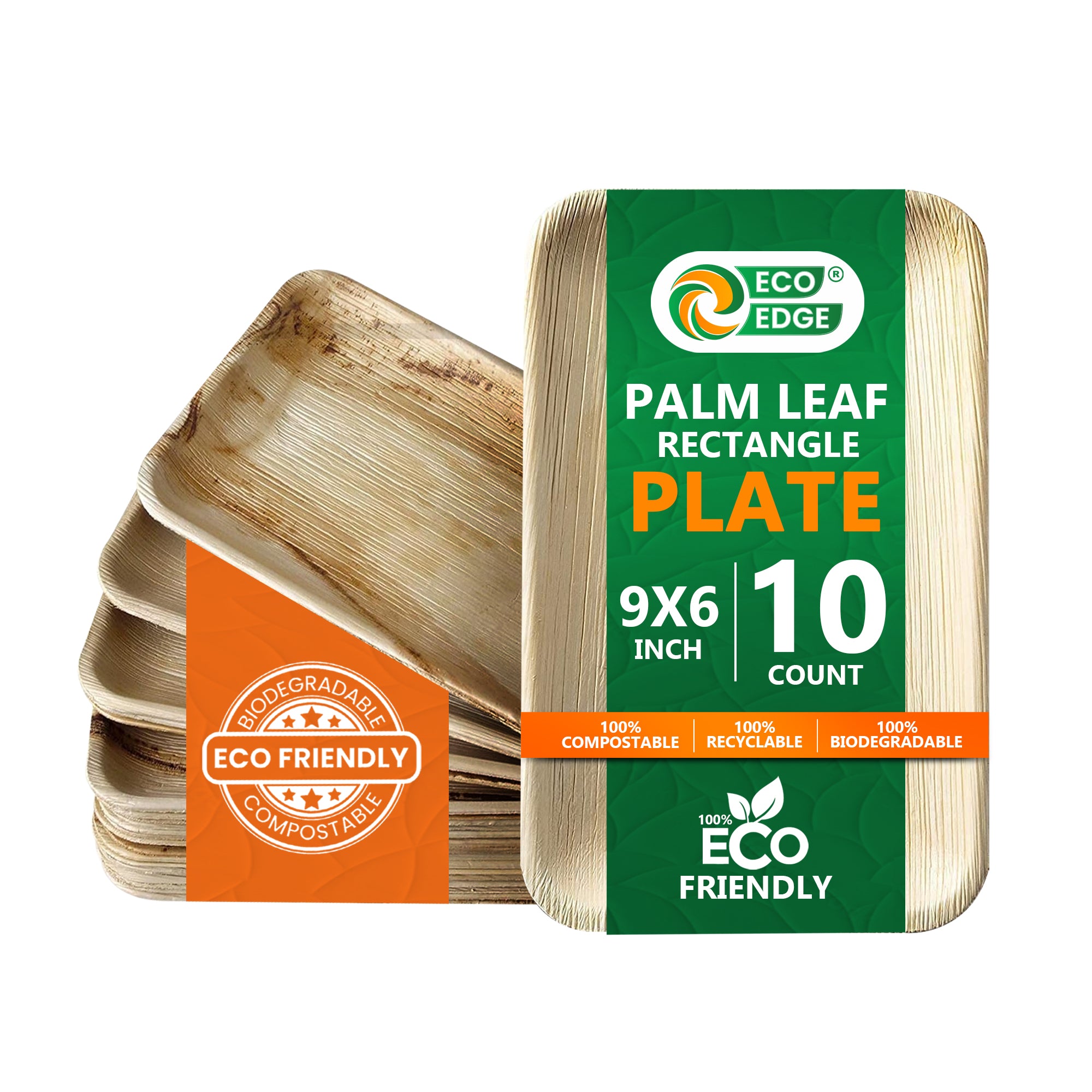 EcoEdge 9x6 Inch Rectangle Areca Palm Leaf Plates | 100% Natural